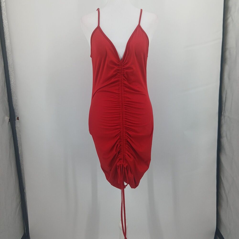 Women's size large red Ruched Plunging V-Neck Bodycon Mini Dress sexy romantic